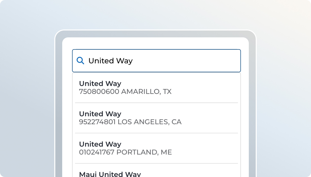 A text box with a search term and nonprofit results